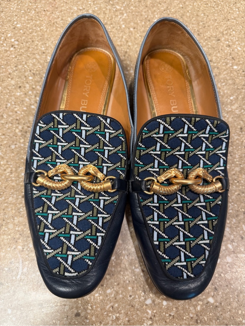 Tory Burch Navy Patterned Leather Slip-On Loafers with Gold Horsebit